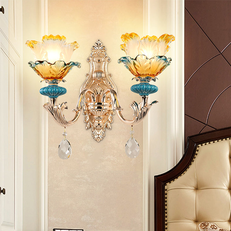 Gold Flower Wall Mount Light With Crystal Draping And Ruffle Glass Fixture