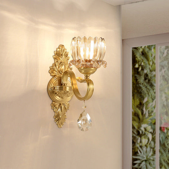 Handblown Glass Gold Floral Corridor Wall Mount Light With Crystal Accent - Minimalistic Lighting /