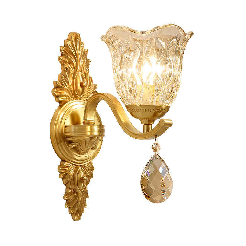 Simplicity Single Corridor Wall Light - Handblown Glass Scalloped Bell Lamp With Crystal Draping In