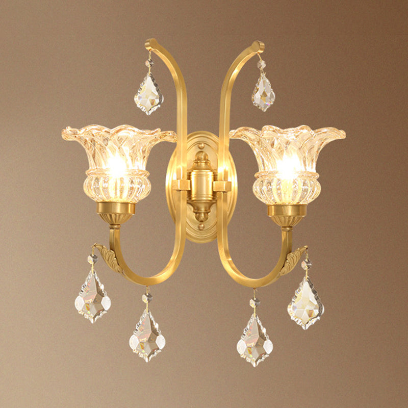 Gold Ruffle Glass Wall Light With Crystal Draping - Antique Floral Lighting Fixture 2 /