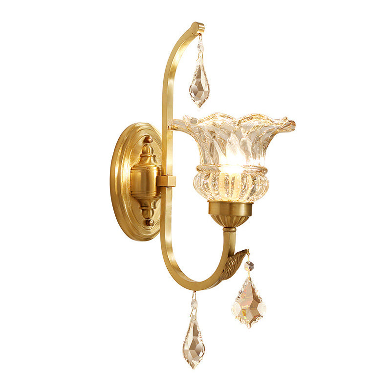 Gold Ruffle Glass Wall Light With Crystal Draping - Antique Floral Lighting Fixture