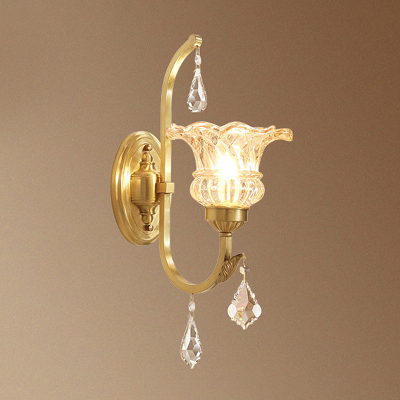 Gold Ruffle Glass Wall Light With Crystal Draping - Antique Floral Lighting Fixture