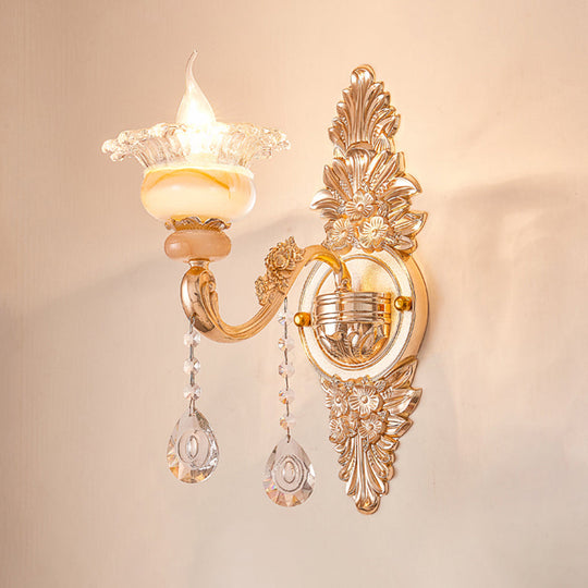 Gold Floral Ruffle Wall Mount Light With Crystal Accent - Traditional Glass Corridor Fixture 1 / B