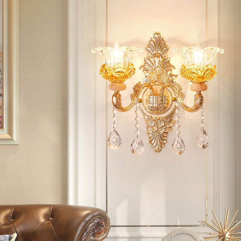 Gold Floral Ruffle Wall Mount Light With Crystal Accent - Traditional Glass Corridor Fixture 2 / C