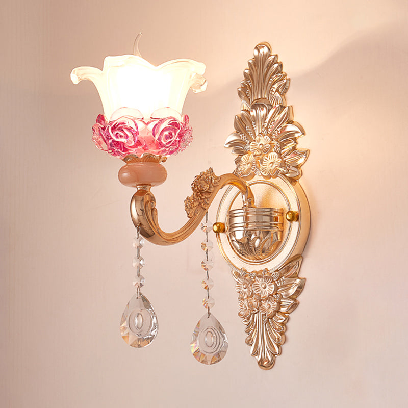 Gold Floral Ruffle Wall Mount Light With Crystal Accent - Traditional Glass Corridor Fixture 1 / D