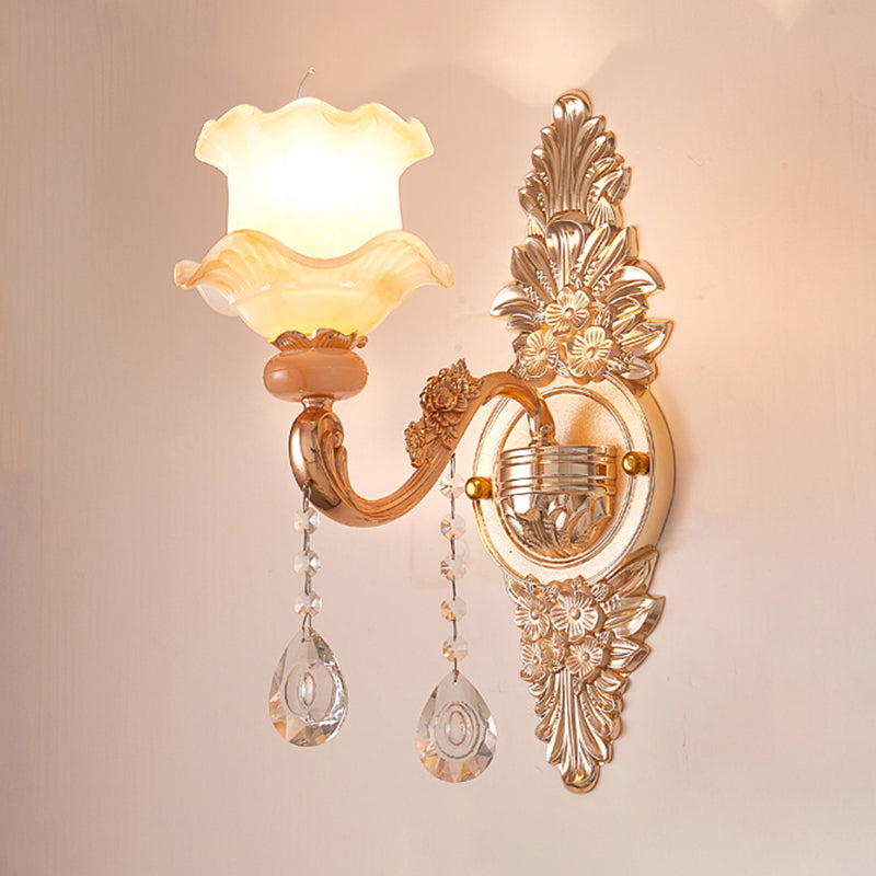 Gold Floral Ruffle Wall Mount Light With Crystal Accent - Traditional Glass Corridor Fixture 1 / A