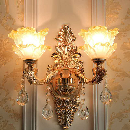 Vintage Gold Wall Light With Frosted Glass Ruffle Flower And Crystal Accent 2 /