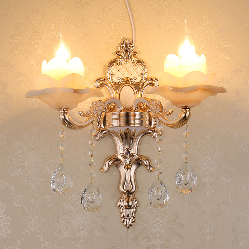 Rustic Bud Wall Light With Ruffle Glass And Crystal Draping In Weathered Zinc - Vintage Mount