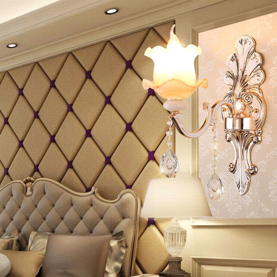 Rustic Bud Wall Light With Ruffle Glass And Crystal Draping In Weathered Zinc - Vintage Mount