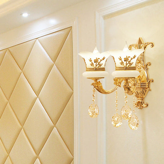 Traditional Wall Light Fixture With Imitation Jade Gold Design And Crystal Draping