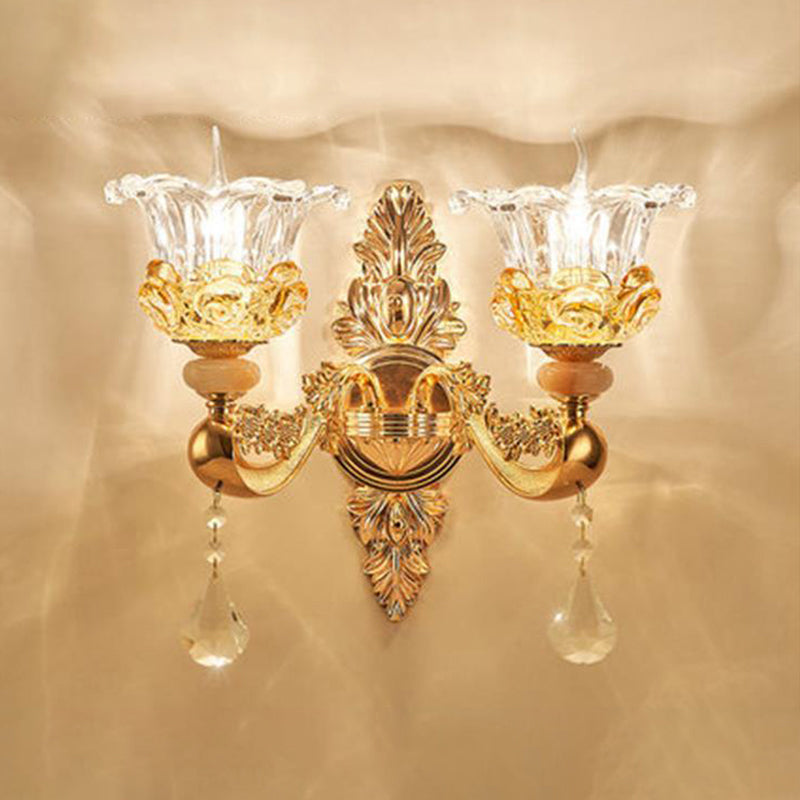 Traditional Wall Light Fixture With Imitation Jade Gold Design And Crystal Draping 2 / B