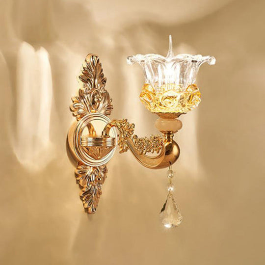Traditional Wall Light Fixture With Imitation Jade Gold Design And Crystal Draping 1 / B