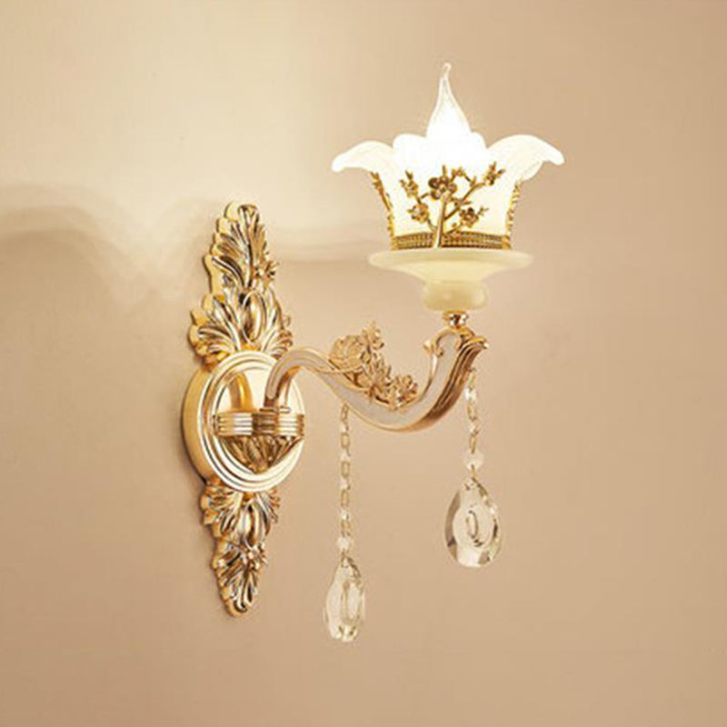 Traditional Wall Light Fixture With Imitation Jade Gold Design And Crystal Draping 1 / D