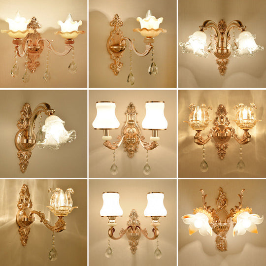 Retro Gold Wall Mount Light With Floral Glass Shade And Hanging Crystal Elegant Lighting