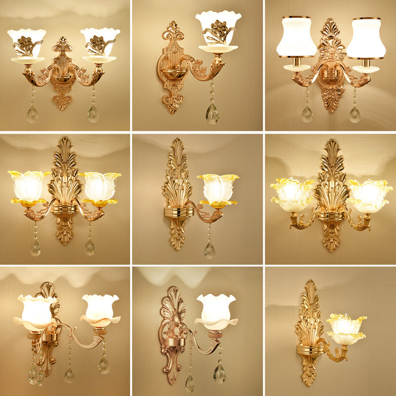Retro Gold Wall Mount Light With Floral Glass Shade And Hanging Crystal Elegant Lighting