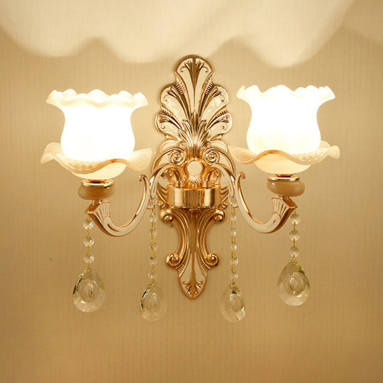 Retro Gold Wall Mount Light With Floral Glass Shade And Hanging Crystal Elegant Lighting