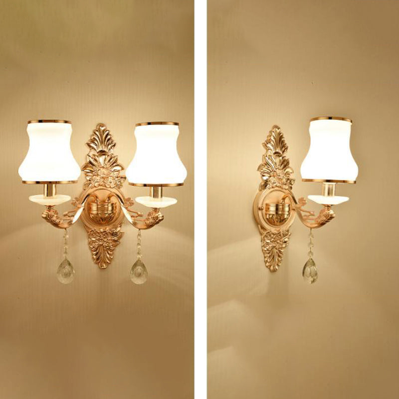 Retro Gold Wall Mount Light With Floral Glass Shade And Hanging Crystal Elegant Lighting 1 / B