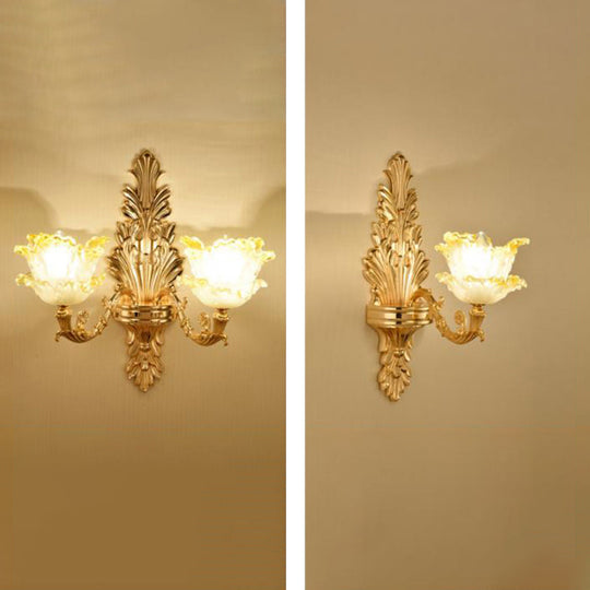 Retro Gold Wall Mount Light With Floral Glass Shade And Hanging Crystal Elegant Lighting 1 / D