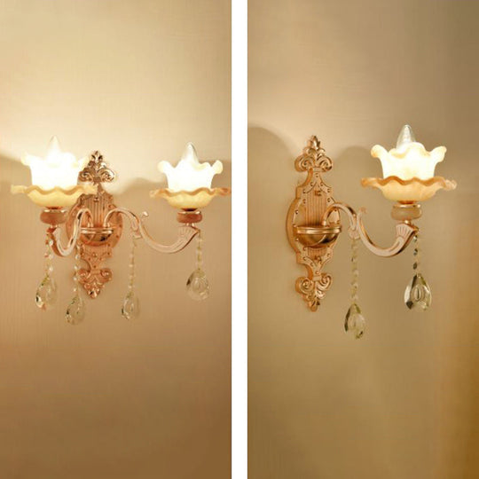 Retro Gold Wall Mount Light With Floral Glass Shade And Hanging Crystal Elegant Lighting 1 / F