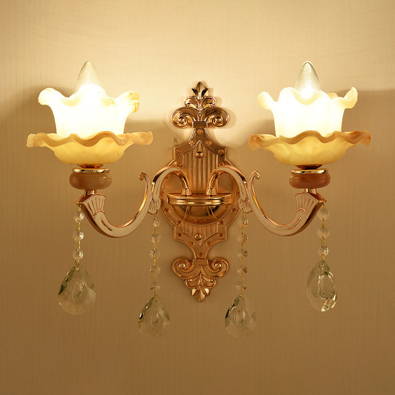 Retro Gold Wall Mount Light With Floral Glass Shade And Hanging Crystal Elegant Lighting