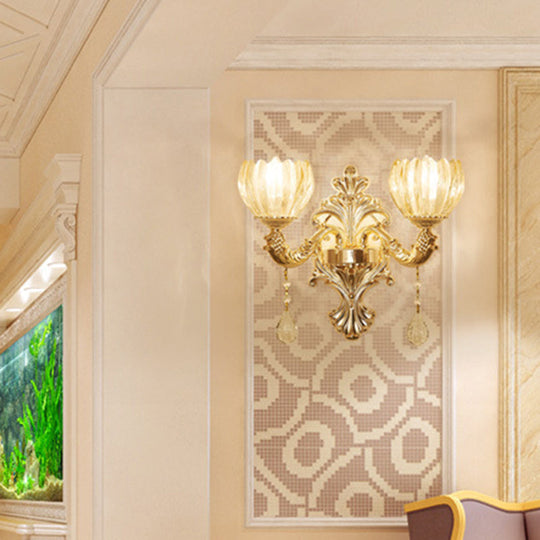 Antique Gold Glass Wall Light With Flower Texture And Crystal Accent For Living Room 2 / B