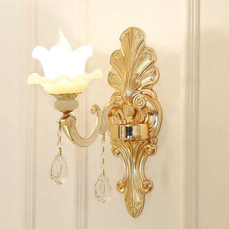 Antique Gold Glass Wall Light With Flower Texture And Crystal Accent For Living Room 1 / C