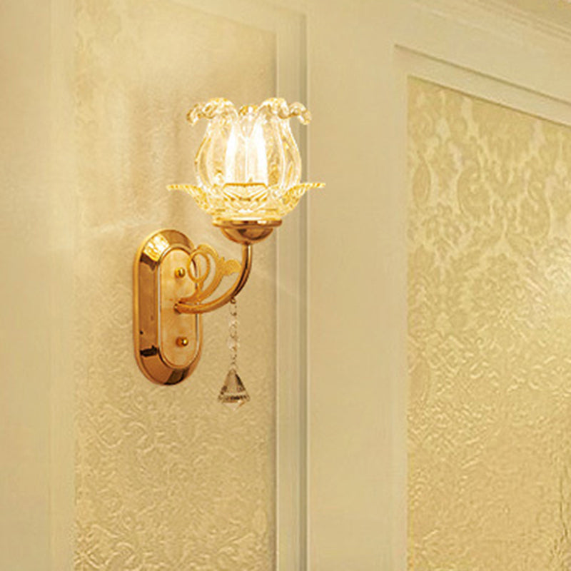 Traditional Floral Living Room Wall Mount Light With Textured Glass And Gold Fixture