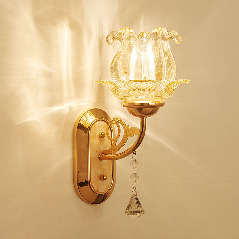 Traditional Floral Living Room Wall Mount Light With Textured Glass And Gold Fixture