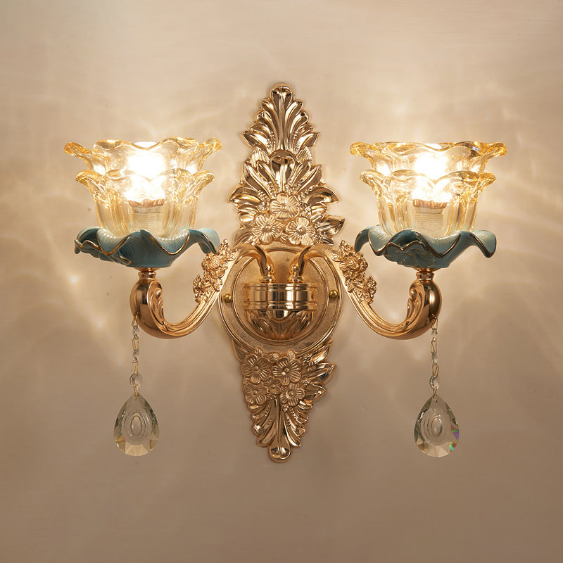 Vintage Brown Glass Floral Wall Light With Gold Ruffle And Crystal