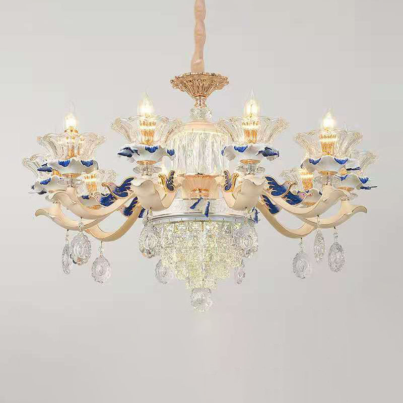 Vintage Beige Ruffle Floral Chandelier Light With Crystal Accent - Faceted Glass For Living Room