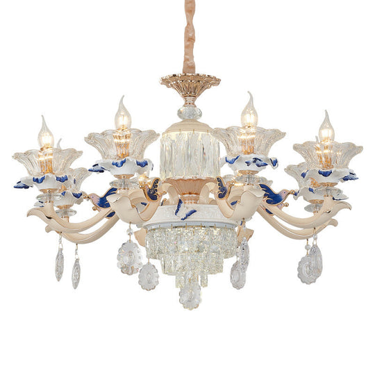 Vintage Beige Ruffle Floral Chandelier Light With Crystal Accent - Faceted Glass For Living Room