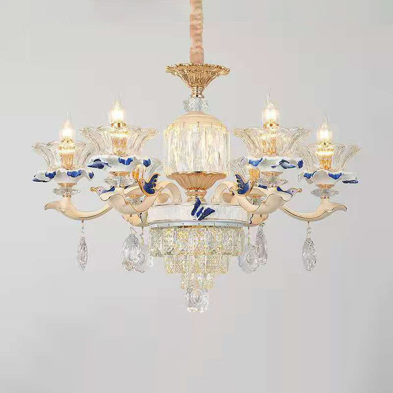 Vintage Beige Ruffle Floral Chandelier Light With Crystal Accent - Faceted Glass For Living Room