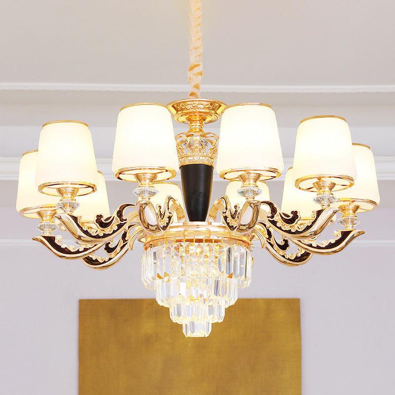 White Glass Tapered Ceiling Chandelier With Layered Crystal Décor - Traditional Living Room Lighting