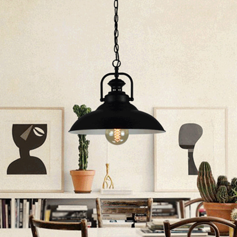 Vintage Hanging Metal Pendant Lamp With Handle - Black Outer & White Inner