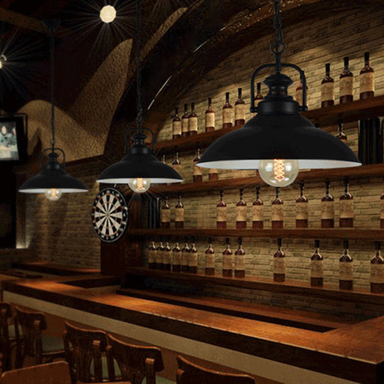 Vintage Hanging Metal Pendant Lamp With Handle - Black Outer & White Inner