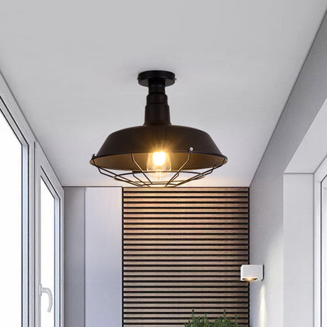 Retro Style Metallic Shaded Flush Mount Ceiling Light - Single Bulb Semi In Black