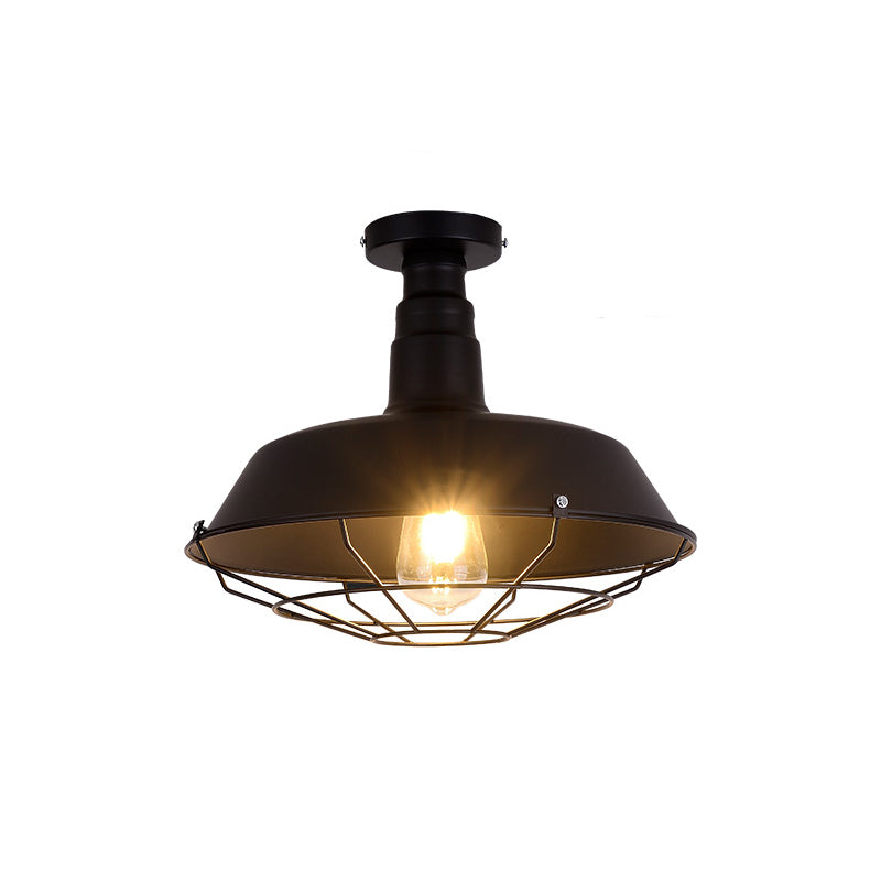 Retro Style Metallic Shaded Flush Mount Ceiling Light - Single Bulb Semi In Black / Small D