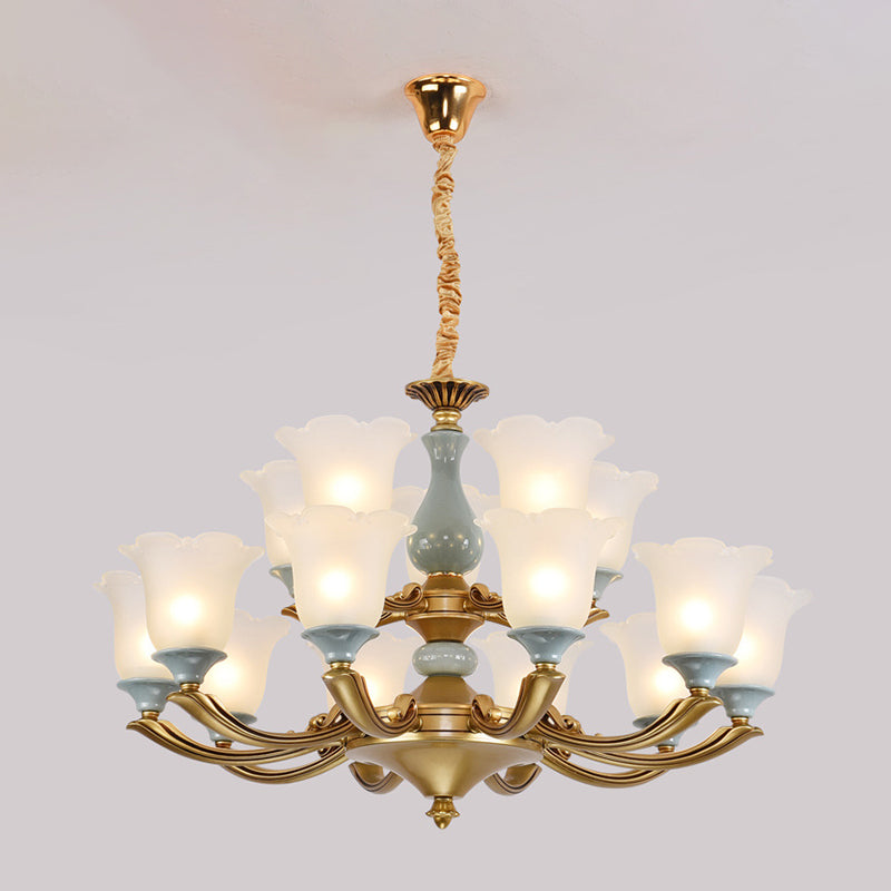 Flared Blue Frosted Glass Chandelier Pendant Light For Living Room With Ruffled Edge