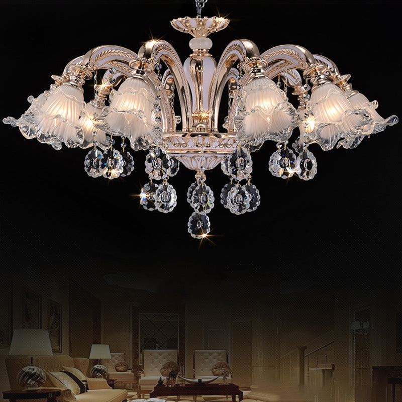 Vintage Floral Chandelier Pendant With Ribbed Ruffle Glass And Crystal Accent