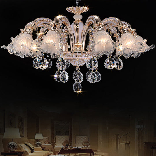 Vintage Floral Chandelier Pendant With Ribbed Ruffle Glass And Crystal Accent