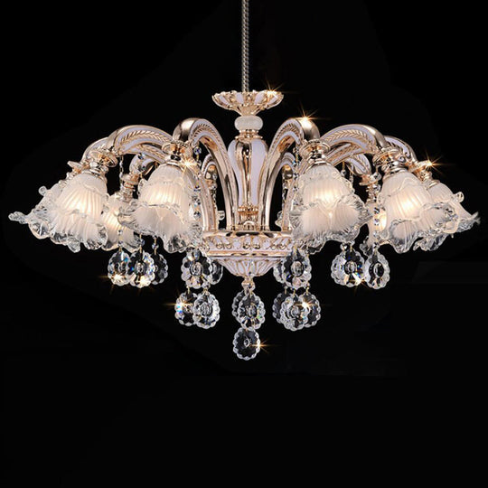 Vintage Floral Chandelier Pendant With Ribbed Ruffle Glass And Crystal Accent