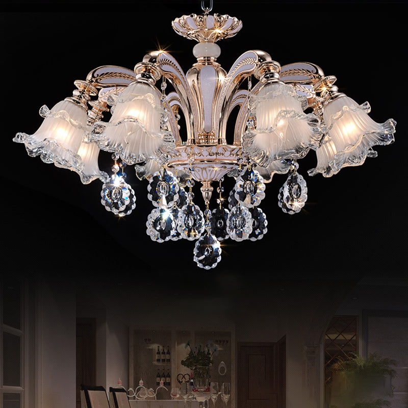 Vintage Floral Chandelier Pendant With Ribbed Ruffle Glass And Crystal Accent 8 / White-Gold