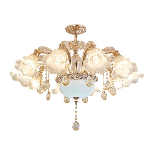 Vintage Floral Chandelier Pendant With Ribbed Ruffle Glass And Crystal Accent