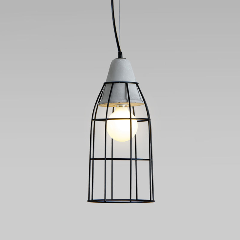 Metallic Minimalist Pendant Light: Caged Dining Room Suspension with Cement Top (Grey) Grey / Long Cone