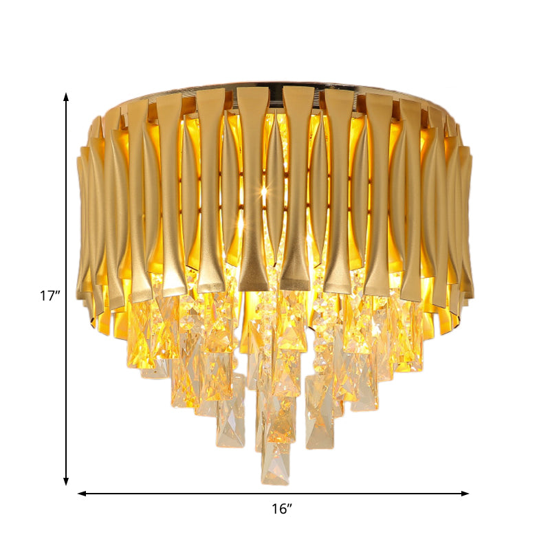 Modern Metal Drum Ceiling Light Fixture With Crystal Block Drop - Brass Flush Mount 5 Lights
