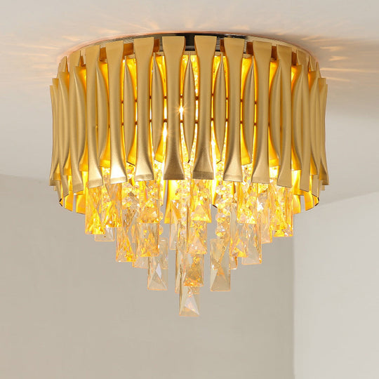 Modern Metal Drum Ceiling Light Fixture With Crystal Block Drop - Brass Flush Mount 5 Lights