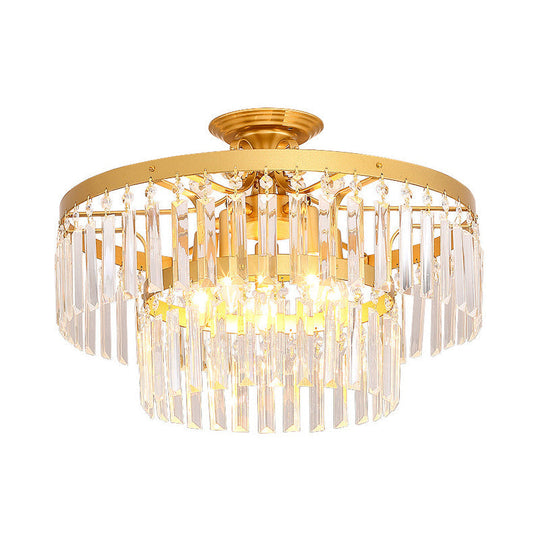 2-Tier Semi Flush Mount Crystal Rod Ceiling Light With 5 Lights Modern Black/Gold Fixture For
