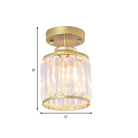 Contemporary Gold/Black Semi Flush Ceiling Light With Crystal Cylinder Shade