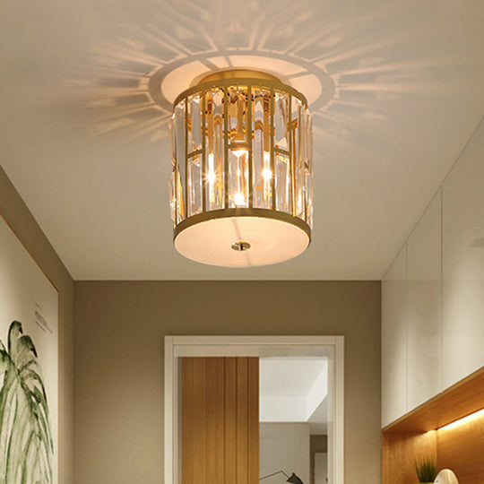 Modern Metal And Crystal Cylinder Flush Mount Light With Gold Ceiling Fixture’ Or ’Gold Light: