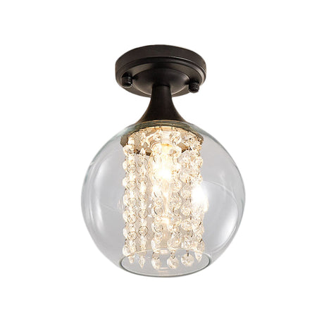 Vintage Black Semi Flush Mount Ceiling Light With Cylinder/Globe Glass Shade And Crystal Strands